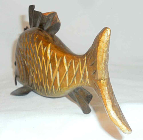 Vintage Large & Heavy Painted Carved Wood and Metal Golden Carp