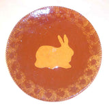 1986 Redware Large Flat Plate Glazed Brown Coloring with Yellow Mottling Yellow Bunny or Rabbit Decoration By Ned Foltz
