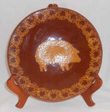 1984 Redware Large Flat Plate Glazed Brown Coloring with Mottling Brown With Yellow Pig Decoration By Ned Foltz