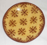 2004 Redware Pie Plate Glazed Yellow Coloring with Brown Mottling Snowflakes Decoration By Ned Foltz