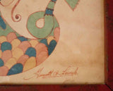 Folk Art Ink Water Color on Paper Fraktur Mermaid Bow & Arrow Garnett B. French
