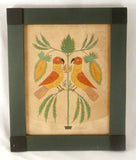 Folk Art Water Color on Paper Fraktur 2 Birds Facing Each Other by G. B. French