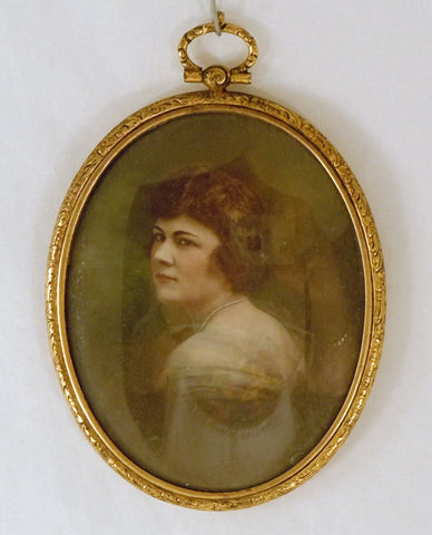 Antique Hand Painted Miniature of A Beautiful Woman in Oval Brass Frame