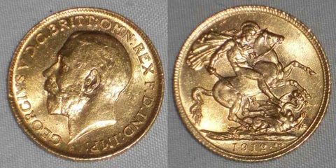1912 Gold Coin from Great Britain Sovereign Having George V Head Left KM 820 AU+