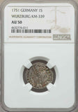 1751 Small Billon Coin Germany Wurzburg One Schilling About Uncirculated NGC AU50