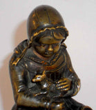 Beautiful and Decorative Bronze Figurine of Girl Holding Puppy Marble Base
