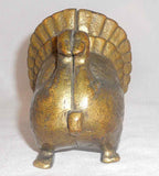 Antique Heavy Brass Still Penny Bank Golden Turkey Standing with Fanned Tail
