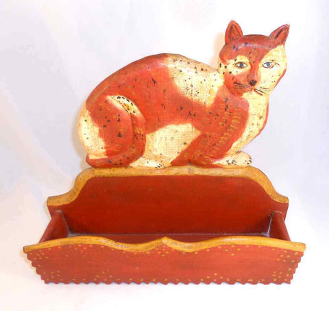 977 Walter & June Gottshall Carved Painted Wood Comb Box Brown Cat Crouching
