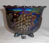 Dark Blue or Purple Carnival Glass Footed Bowl Heavy Grape Design Scalloped Edge