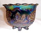 Dark Blue or Purple Carnival Glass Footed Bowl Heavy Grape Design Scalloped Edge