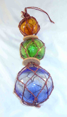 Three Colored Hand Blown Glass Fishing Floats Net Hanging Decorative Arrangement