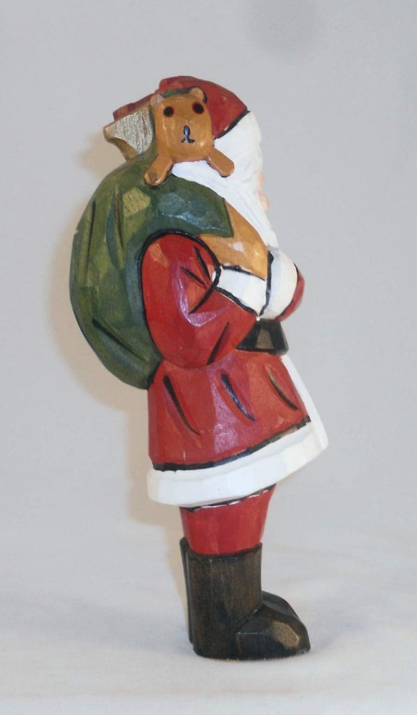 Contemporary Hand Carved Wood Polychrome Painted Santa With Toy Bag Fi 