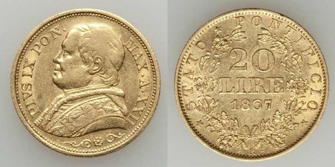 Beautiful 1867 Gold Coin Italian Papal State 20 Lire Pope Pius IX Year 22 KM 1382.3 XXIIR