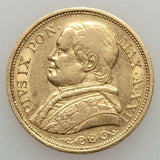Beautiful 1867 Gold Coin Italian Papal State 20 Lire Pope Pius IX Year 22 KM 1382.3 XXIIR