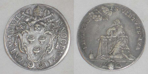 Beautiful 1697 Large Silver Coin Italian Papal State Half Piastra Pope Innocent XII Nicely Toned Very Fine