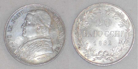 Beautiful 1862 Silver Coin Italian Papal State 20 Baiocchi Pope Pius IX Year 17 KM 1360 XVII R