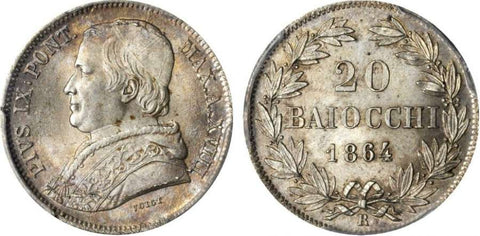 Beautiful 1864-R Silver Coin Italian Papal State 20 Baiocchi Pope Pius IX Year XVIII KM 1360 PCGS Gold Shield MS65