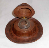Old Cherry-stained Maple Wood Hat Shaped Desktop Inkwell Hinged Lid Glass Insert