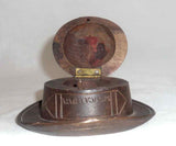 Old Walnut-Stained Poplar Wood Hat Shaped Desktop Inkwell Hinged Lid No Insert