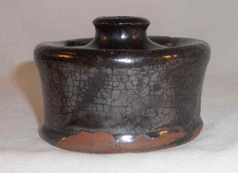 Antique Dark Brown Manganese Glazed Redware Inkwell with 3 Quill Storing Holes