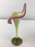 Vintage Art Glass Vase Pink and Yellow Jack In The Pulpit Vase Round Brass Base
