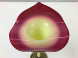 Vintage Art Glass Vase Pink and Yellow Jack In The Pulpit Vase Round Brass Base