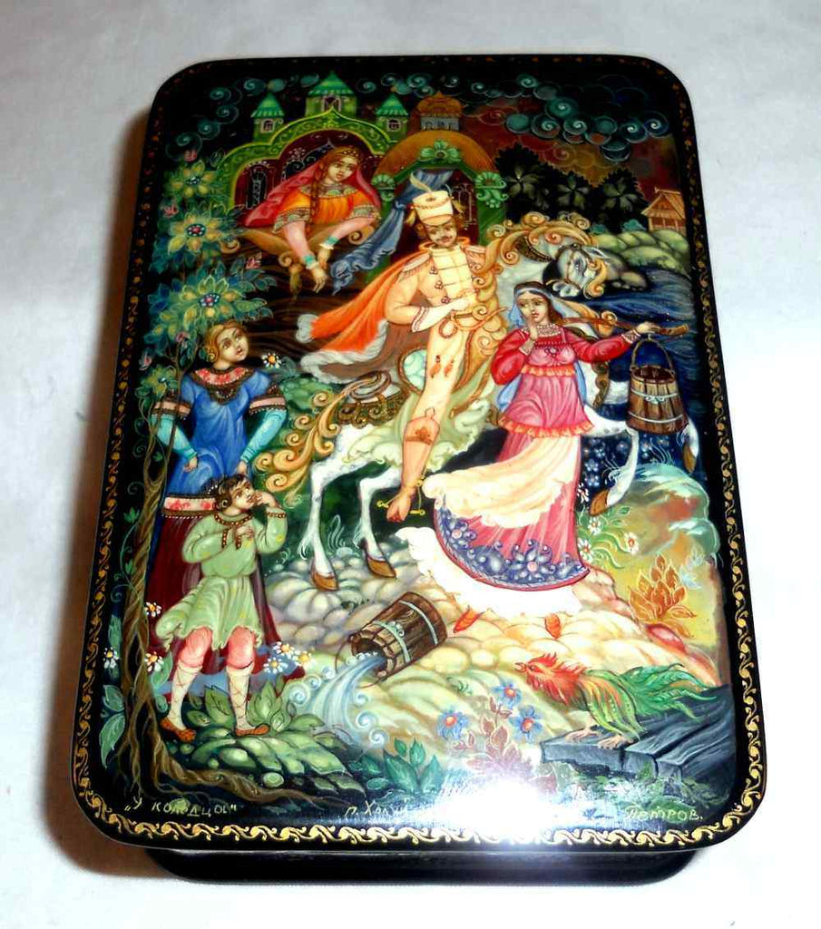 Footed Kholui Russian Lacquer Box Miniature Scene From Fairy Tale Sign