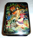 Footed Kholui Russian Lacquer Box Miniature Scene From Fairy Tale Signed Pyetrov