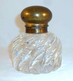 Unusual Antique Large and Heavy Desktop Crystal Inkwell with Hinged Brass Lid