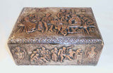 Vintage Hallmarked Plated Copper Large Trinket Box Repousse Design Showing People Hinged Lid with Wood Interior
