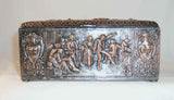 Vintage Hallmarked Plated Copper Large Trinket Box Repousse Design Showing People Hinged Lid with Wood Interior