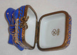 Limoges France Hand Painted Gift Box Shape with Bow Blue & Gold Colored Box