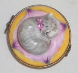 Limoges France ROCHARD Hand Painted Small Trinket Box Cat Sleeping Pink Pillow