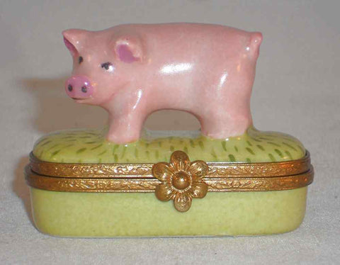 Limoges France Hand Painted Small Trinket Box Having Pink Pig Standing on Lid