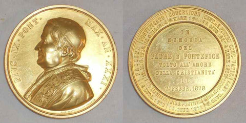Uncirculated 1878 Italian Papal State Gilt Bronze Commemorative Medal Death Of Pope Pius IX By Giovanni Vagnetti
