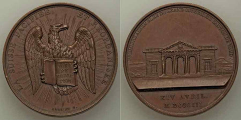 1803 Copper Commemorative Medal First Council Canton of Vaud Switzerland By Bertrand Andrieu Eagle and Large Building Beautiful Extremely Fine