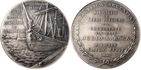 1904 Argentina Silver Medal Inauguration at The Port Of Concordia Maritime Scene