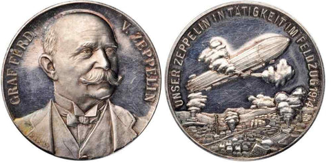 1914 Portrait Silver Medal Ferdinand Graf von Zeppelin Airship Bombing in WWI