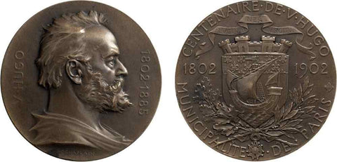 1902 Portrait Bronze Medal Victor Hugo Centennial Paris Municipality by Chaplain