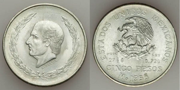 Mexican Crown Size Silver Coin 1953 Five or Cinco Pesos United
