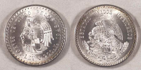 Mexican Crown Size Silver Coin 1948 Five Pesos Head of Aztec Leader Cuauhtemoc Mint Mark Mo Gem Brilliant Uncirculated For Your Collection of World Coins