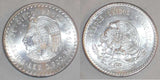 Mexican Crown Size Silver Coin 1947 Five Pesos Head of Aztec Leader Cuauhtemoc Mint Mark Mo Gem Brilliant Uncirculated