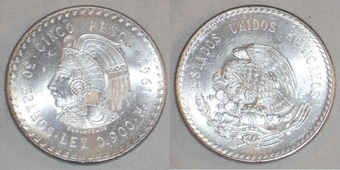 Mexican Crown Size Silver Coin 1947 Five Pesos Head of Aztec Leader Cuauhtemoc Mint Mark Mo Gem Brilliant Uncirculated