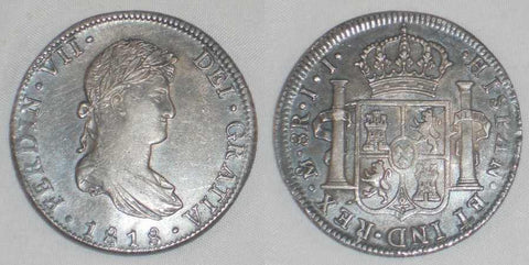 1818 Large Silver Coin Mexico 8 Reales Mint Mark Mo Assayer JJ Ferdinand VII of Spain Toned Very Fine or Much Better