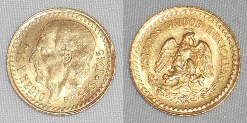 Beautiful 1945 Lustrous Mexico Gold Coin Two and Half Pesos Miguel Hidalgo AU++