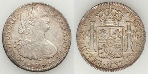 Silver Coin Mexico 8 Reales 1795 FM Charles IIII of Spain Mint Mark Mo Toned XF+