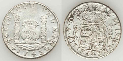Beautiful 1743MF Philip V of Spain Silver Coin Mexico 8 Reales Mint Mark Mo XF