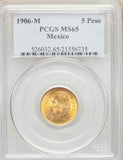 Lustrous 1906 Mexico Gold Coin Five Pesos Miguel Hidalgo Mexico Arms PCGS MS65