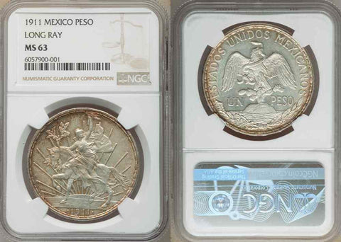 Mexico Silver Coin 1911 One or Un Peso Horse and Rider Caballito Long Ray MS 63