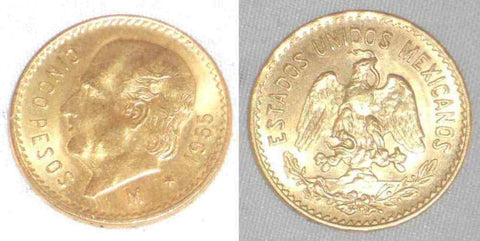 Beautiful Lustrous 1955 Mexico Gold Coin 5 Pesos Miguel Hidalgo Mexico Arms BU